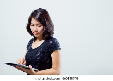 Asian Business Woman Typing Tablet On White Background