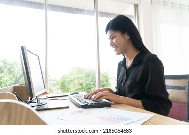 Asian Business Woman Video Conference For Talk To Colleagues Work From Home Office Wear Headphones,  Girl Student Talking By Video Conference Call, Female Teacher Trainer From Home At Living Room