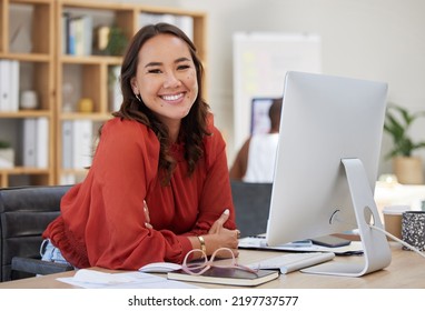 Asian Business Woman, Working On Computer At Desk In Office Or Company Workplace With A Smile. Portrait, Happy Employee And Worker Or Manager, Leader Or Ceo With Corporate Vision, Mission Strategy.