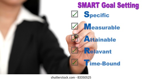 Asian Business Woman Writing SMART Goal Setting Specific, Measurable, Attainable, Relevant, Time On Whiteboard