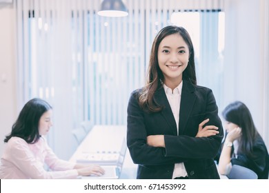 Asian Business Women And Group Using Notebook For Meeting And Business Women Smiling Happy For Working 