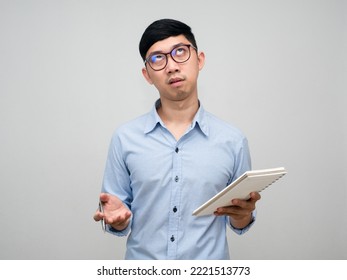 Asian Businessman Blue Shirt Feels Bored About His Working Isolated