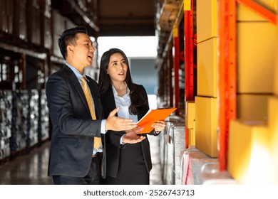 Asian businessman and businesswoman warehouse manager meeting and discussion during working in distribution fulfillment center. Business industry, Freight transportation and logistic cargo concept. - Powered by Shutterstock