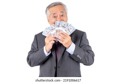 Asian Businessman Elderly Men Holding A Lot Of Money In Hand.