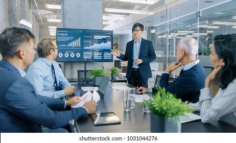 Asian Businessman Gives Report/ Presentation To His Business Colleagues, Pointing At The Results Showing Statistics, Pie Charts And Company's Growth On Wall TV Screen.