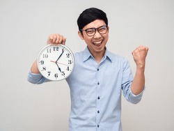 Asian Businessman Happy Smile Holding Analog Clock Show Fist Up For Success Isolated