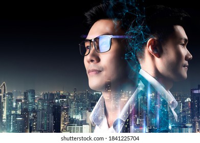 Asian Businessman Investor Abstract Smart Vision, Double Exposure Financial Business District Night City Futuristic Background, Investment Business With Artificial Intelligence Digital Technology.