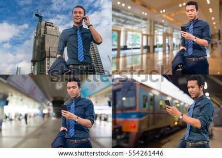 Asian Businessman use Mobile Smartphone at Construction site, Office Building, Train Station or Railway Station, Subway or Mass Transit Station as Business Technology Concept.