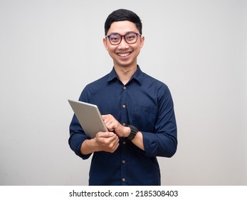 Asian Businessman Wearing Glasses Using Tablet Gentle Smile Isolated