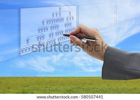 Asian businessman writing organization chart on white board for human resource concept