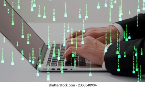 asian businessman writing programming code technology concept