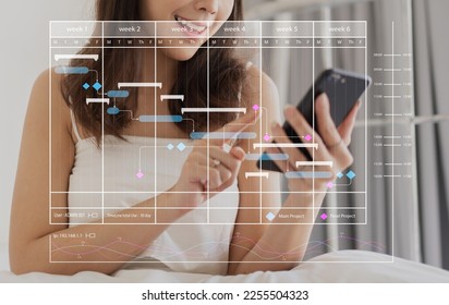 Asian businesswoman with calendar schedule time plan appointment management taking note and checking organizes day, week, month project list on smartphone.business calendar appointment plan concept