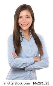 Asian Businesswoman. Casual Portrait Of Beautiful Confident Multi-ethnic Asian Chinese / Caucasian Female Businessperson Smiling Isolated On White Background In Studio. Young Professional In Her 20s.