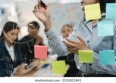 Asian businesswoman is drawing a business plan on a transparent board during a brainstorming session with her team - Powered by Shutterstock