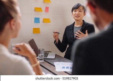 Asian businesswoman explaining her new business ideas to colleague. Young female executive giving presentation with stick notes on wall.