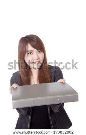 Asian Businesswoman give a folder with both hands and smile isolated on white background