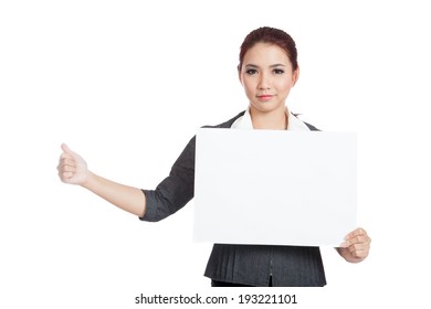 Asian businesswoman hold a blank sign and hitchhiking isolated on white background