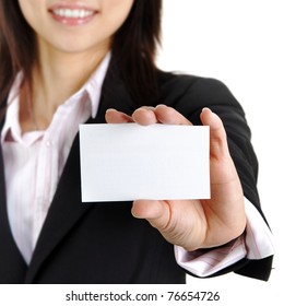 Asian Businesswoman Holding A Blank Business Card And Smiling At The Camera