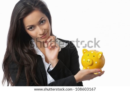 Asian Businesswoman presenting piggy bank isolated on white
