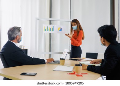 Asian Businesswoman Presenting Sales Record And Asking Question Her Team All Wearing Masks And Keep Distance For Good Health And Hygiene At Workplace  During Covid 19