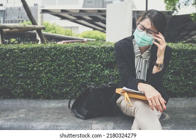 Asian Businesswoman Stressed After Failure And Laid Off From Work Because Impact From Covid-19 Pandemic Outbreak. Conceptual Of Unemployed Woman Having Negative Feelings.