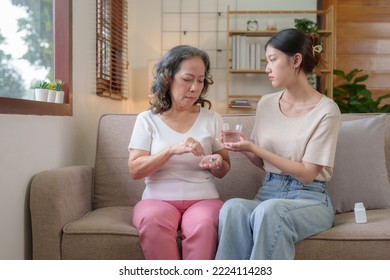 Asian Caregiver Or Daughter Take Care Of The Elderly At Home In The Living Room, Providing Timely Medication.