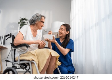 Asian caregiver nurse serve food to Caucasian senior older woman at home. Attractive specialist carer women support and taking care of older elderly mature grandmother in living room in nursing house. - Powered by Shutterstock