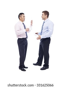 Asian And Caucasian Corporate Executives Standing And Talking, Isolated On White Background.