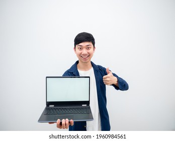 Asian Cheerful Man Show Laptop White Screen In Hand And Thumb Up Looking At Camera On White Isolated Background