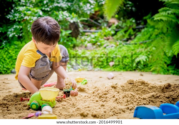 Asian child boy playing toys and sand with natural\
background. Fine motor skills development for little child. Soft\
focus. Copy space.