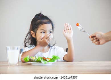 Asian Child Does Not Like To Eat Vegetables And Refuse To Eat Healthy Vegetables