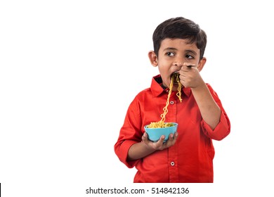 Asian Child Eating Delicious Noodle, Indian Kid Eating Noodles With Fork On White Background