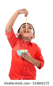 Asian Child Eating Delicious Noodle, Indian Kid Eating Noodles On White Background