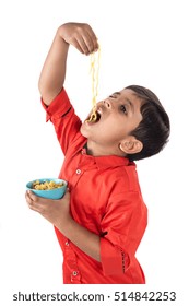 Asian Child Eating Delicious Noodle, Indian Kid Eating Noodles On White Background