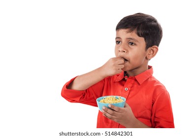 Asian Child Eating Delicious Noodle, Indian Kid Eating Noodles On White Background