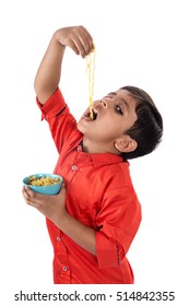 Asian Child Eating Delicious Noodle, Indian Kid Eating Noodles On White Background