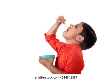 Asian Child Eating Delicious Noodle, Indian Kid Eating Noodles On White Background