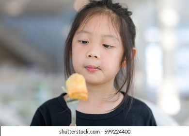 Asian Child Enjoy Eating Food, Fried Spring Roll