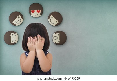 Asian child girl with green concrete wall background, Feelings and emotions of kid - Icons 3d rendering - Shutterstock ID 646493059