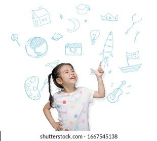 Asian child girl pointing at the isolate white background with imagination the doodle art, Creative and dreams of childhood concept - Powered by Shutterstock