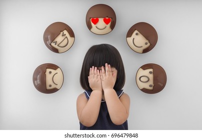 Asian Child Girl With White Background, Feelings And Emotions Of Kid - Icons 3d Rendering