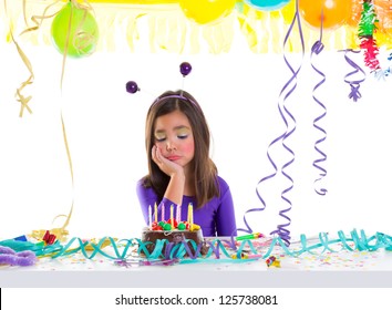 Asian Child Kid Girl In Birthday Party Bored Sad Gesture And Chocolate Cake