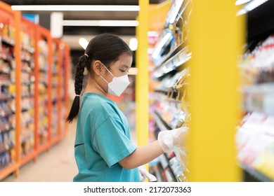 Asian Child Or Kid Girl Wearing Face Mask And Person Used Plastic Gloves For Shopping In Supermarket Mall Or Department Store For Clean And Safety To Protect Coronavirus Covid-19 Disease And Bacteria