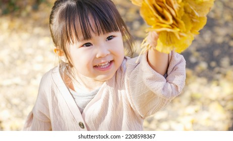 Asian child picking up fallen leaves - Shutterstock ID 2208598367