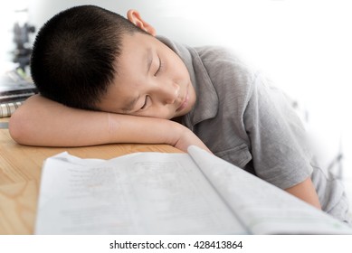 Asian Child Of Primary School Age Do Homework. The Boy Does His Homework At His Desk At Home. The Student / Pupil Has Been Bored On The Lesson. Child Fell Asleep During Homework