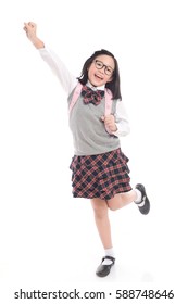 Asian Child In School Uniform Winner Sign On White Background Isolated,studio Short