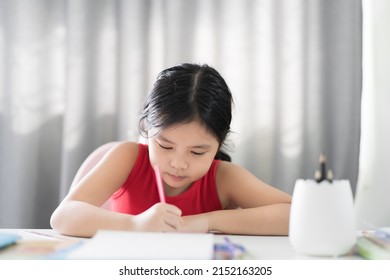 Asian Child Writing Or Draw On Book Or Kid Girl Student Back To School With Doing Homework And Learning Write By Pencil Or Person Learn From Home And Studying Online Class On Book Stack To Education