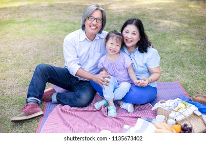 Asian Children And Her Grand Parent Picnic In Garden, They Drink Milk And Eat Fresh Fruit, Retirement Activity, Family Time