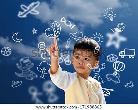 Asian children press the flying imagine symbol 