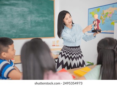 asian children student group learning about anatomy and physiology, female teacher explaining about human organ, they feeling fun and happy in classroom, happiness elementary school - Powered by Shutterstock